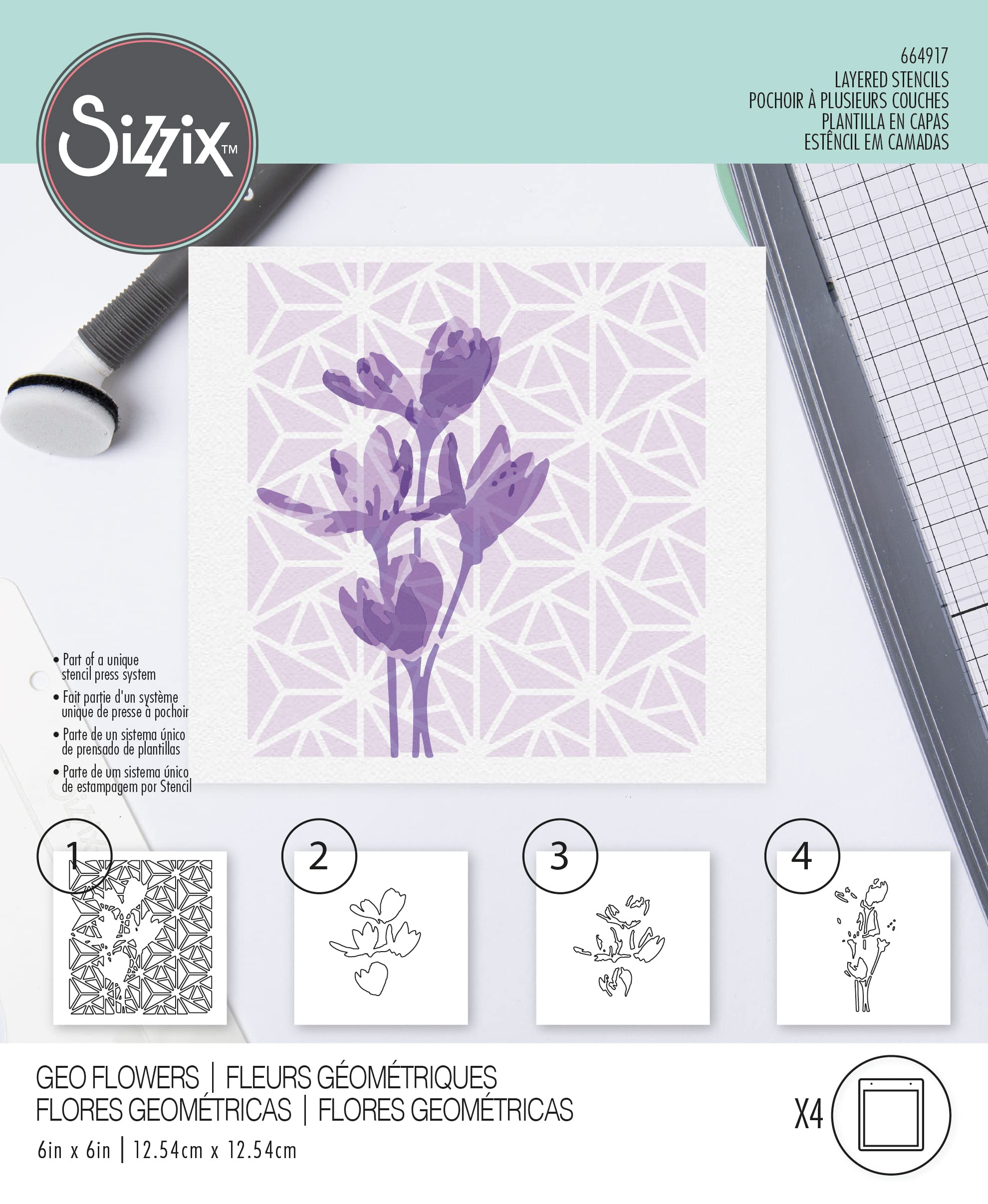 Sizzix Layered Reusable Stencils for Crafts 4PK Geo Flowers by Olivia Rose | 664917 | Chapter 4 2022 - Image 3